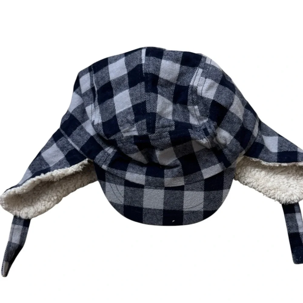 Old Navy Blue and Cream White Plaid Sherpa-Lined Earflap Hat Toddler/Kid Size L